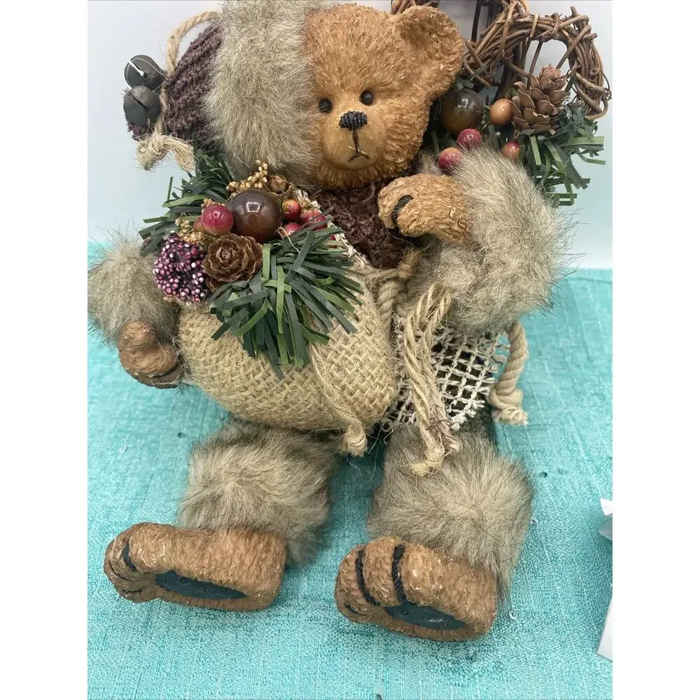 Vtg Bear Figurine Dressed for Winter With Bag, And Skis, Wood Resin Cloth 6” Sit